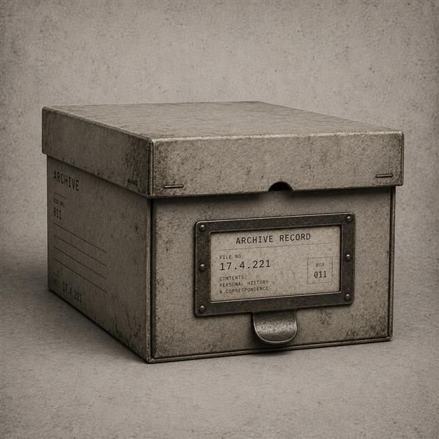 Archive box beside papers and residue