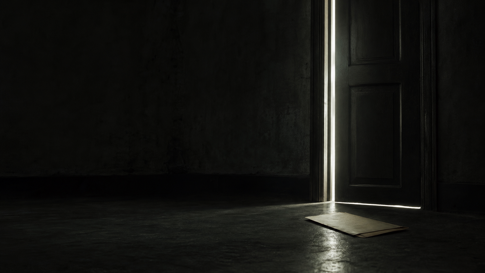 A dark room with a narrow vertical line of light at the threshold