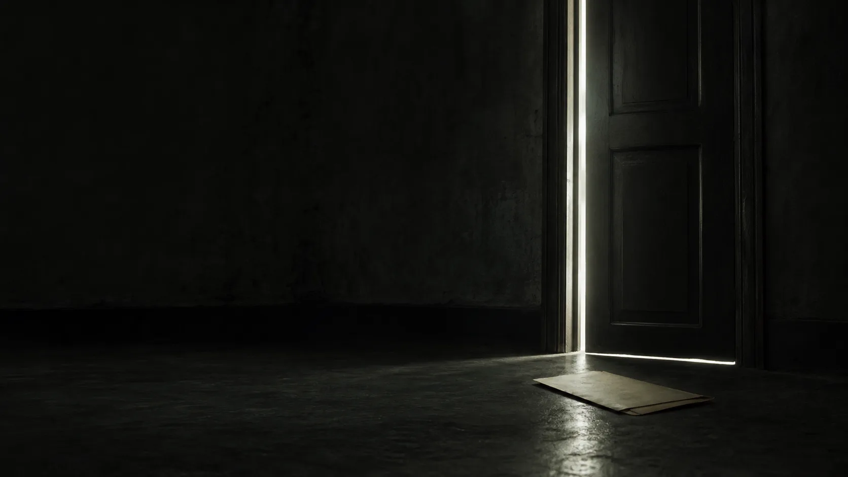 A dark room with a narrow vertical line of light at the threshold